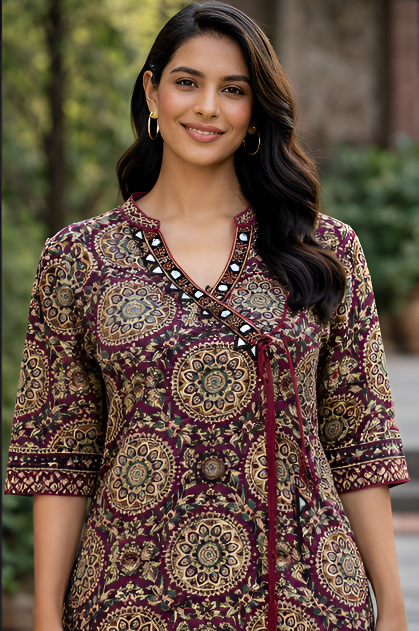 MAROON BLOCK PRINT TUNIC WITH LACE