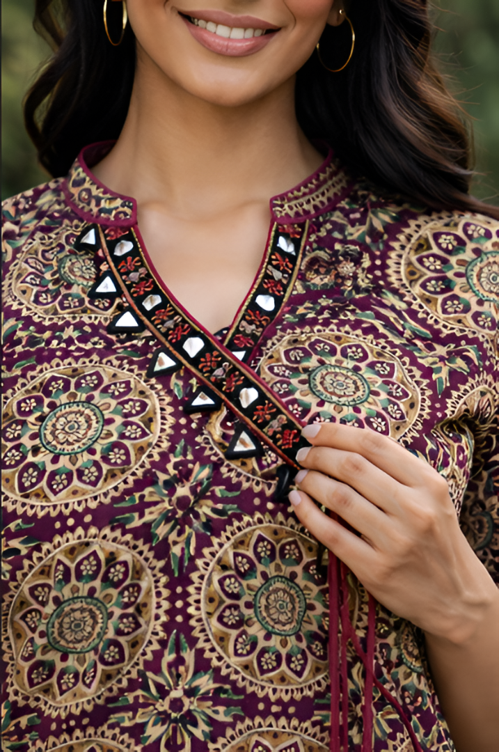 MAROON BLOCK PRINT TUNIC WITH LACE