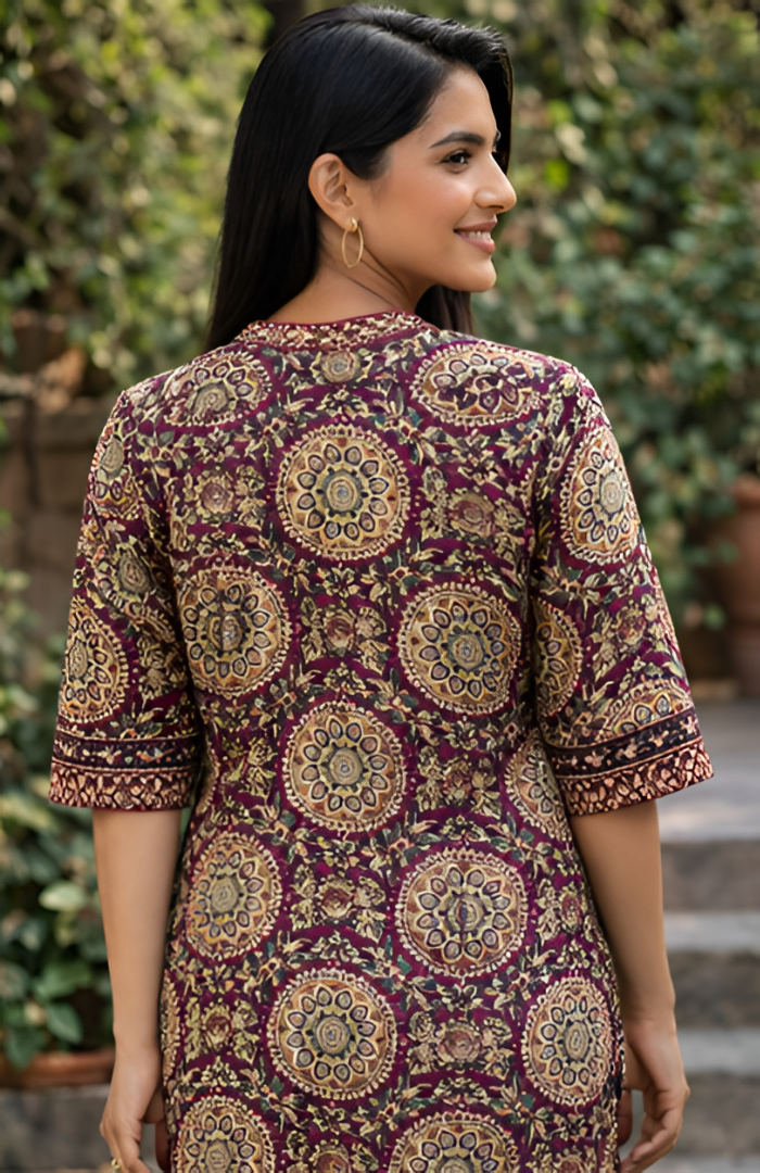 MAROON BLOCK PRINT TUNIC WITH LACE