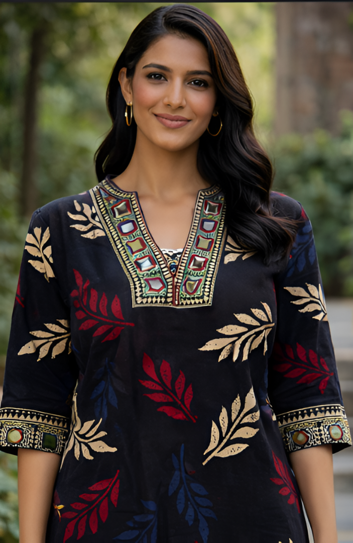 BLACK LEAF PRINT MIRROR WORK TUNIC