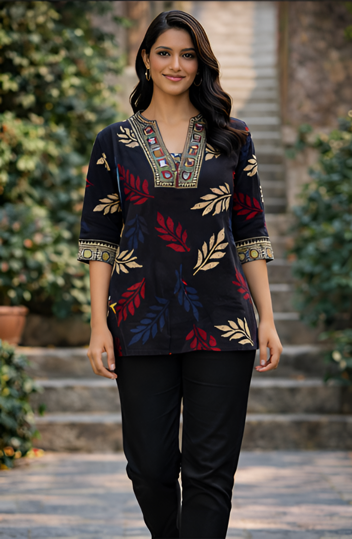 BLACK LEAF PRINT MIRROR WORK TUNIC