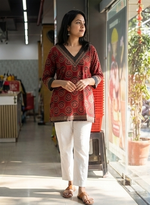 RED AJRAKKH PRINT PLAIN KURTI