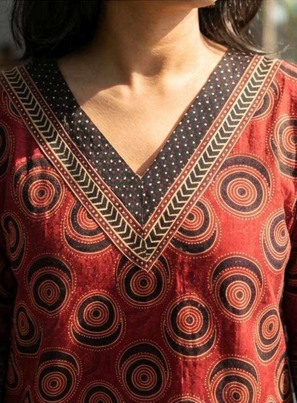 RED AJRAKKH PRINT PLAIN KURTI