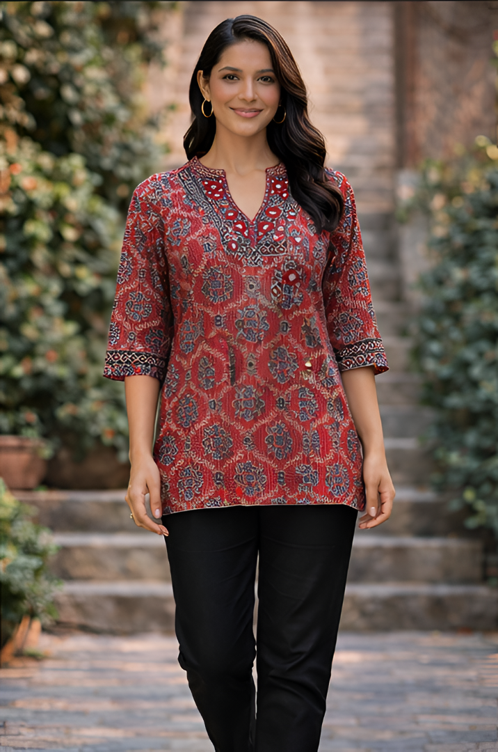 MAROON & BLUE AJRAKKH MIRROR KURTI