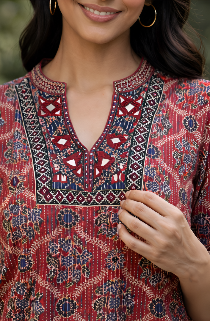 MAROON & BLUE AJRAKKH MIRROR KURTI
