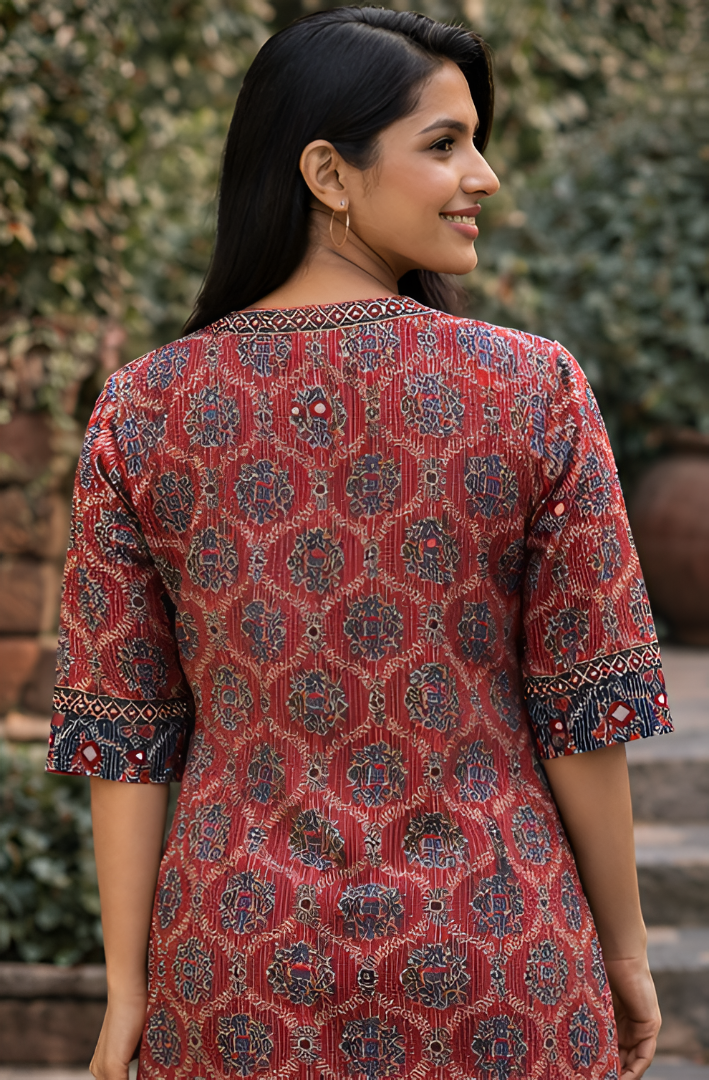 MAROON & BLUE AJRAKKH MIRROR KURTI
