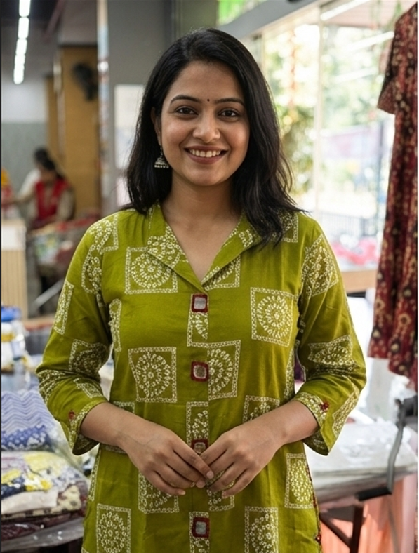 YELLOW BLOCK PRINT MIRROR WORK KURTI